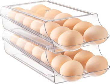Clear Plastic Egg Holder for Fridge, Automatic Rolling Egg Container for Refrigerator, Stackable 14-Count Eggs Organizer with Removable Inner Tra