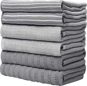 Premium Kitchen Towels (20'x 28', 6 Pack) | Large Cotton Dish Towels | Flat & Terry Highly Absorbent Kitchen Linen Set with Hanging Loop | Gray